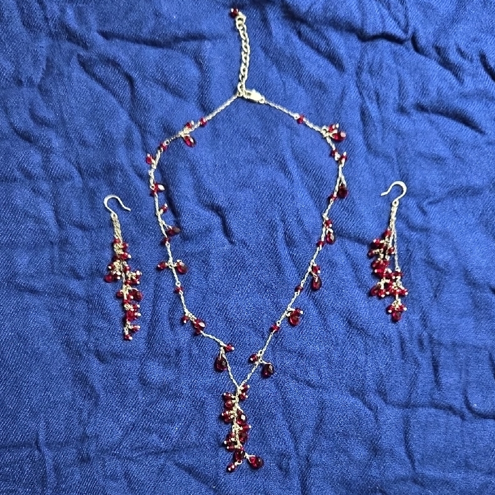 Ann Taylor Red Beaded Necklace and Earring Set